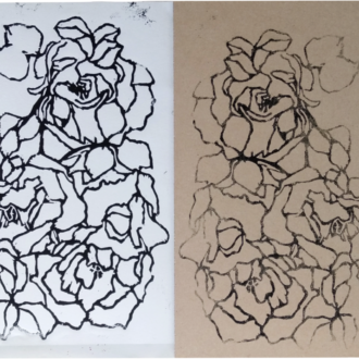 3 wood blocks, key block carved, first print taken off