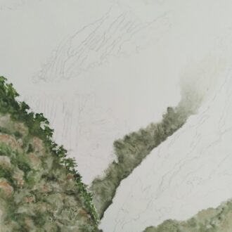 first splashes of colour on Fiordland painting. Doubtful Sound.