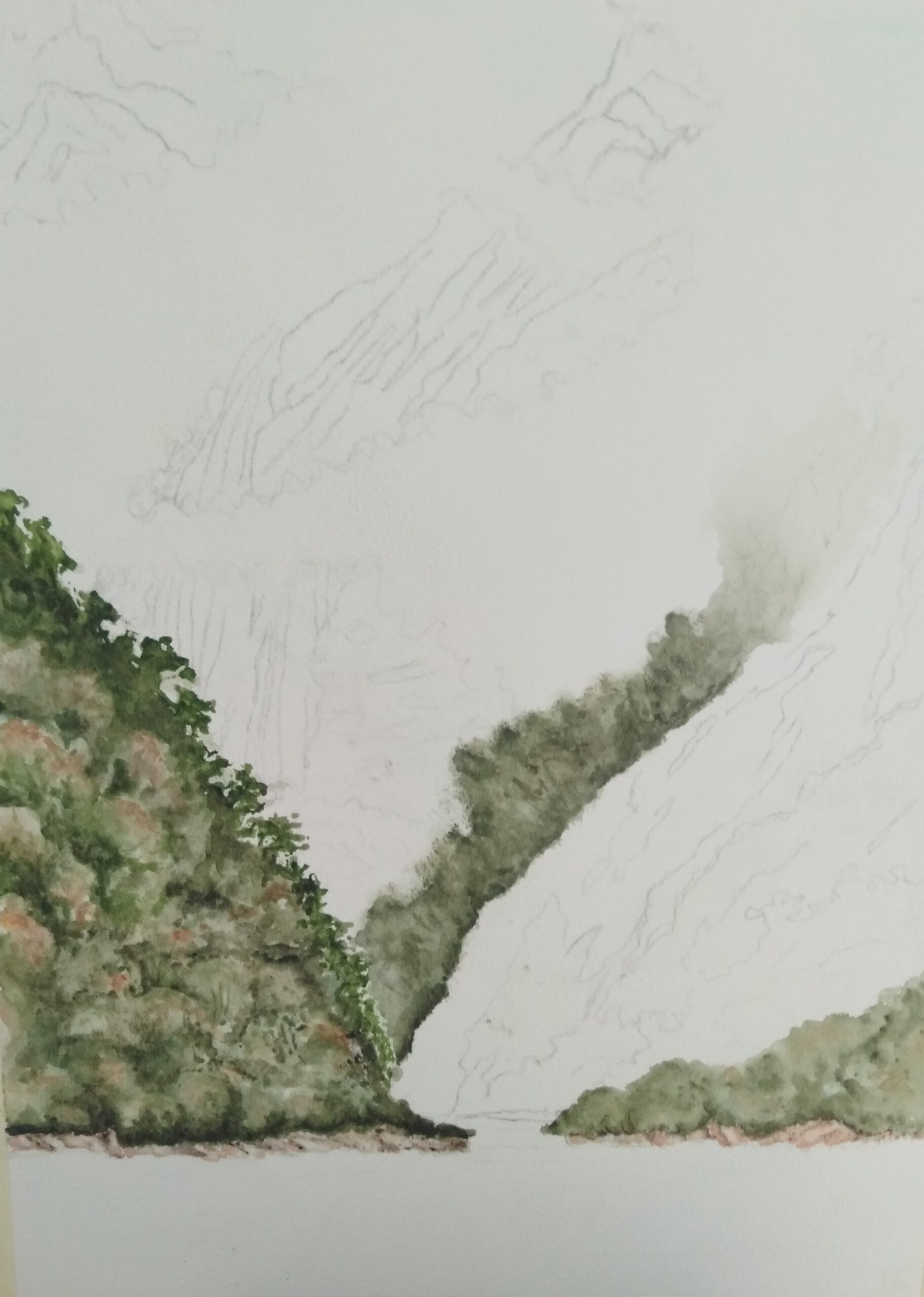 first splashes of colour on Fiordland painting. Doubtful Sound.